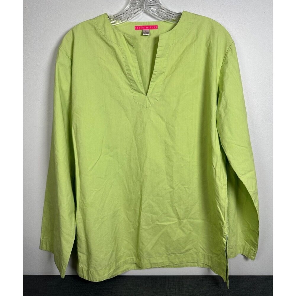 Peter Millar Large Top Tunic Womens V-Neck Pullover Green Long Sleeve Cotton